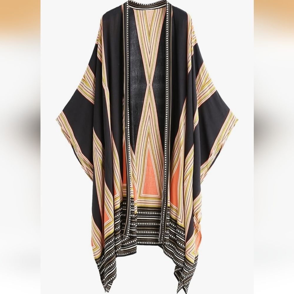 Stylish Black and Orange Geometric Women's Kimono Wrap Poncho Size M